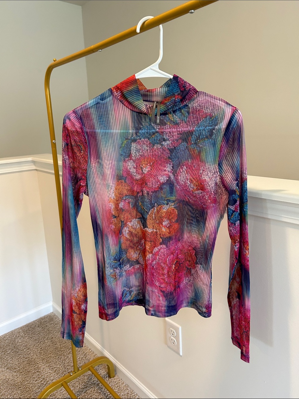 NWOT Anthropologie Floral Sheer Long-Sleeve Mock Neck Top - Multicolor